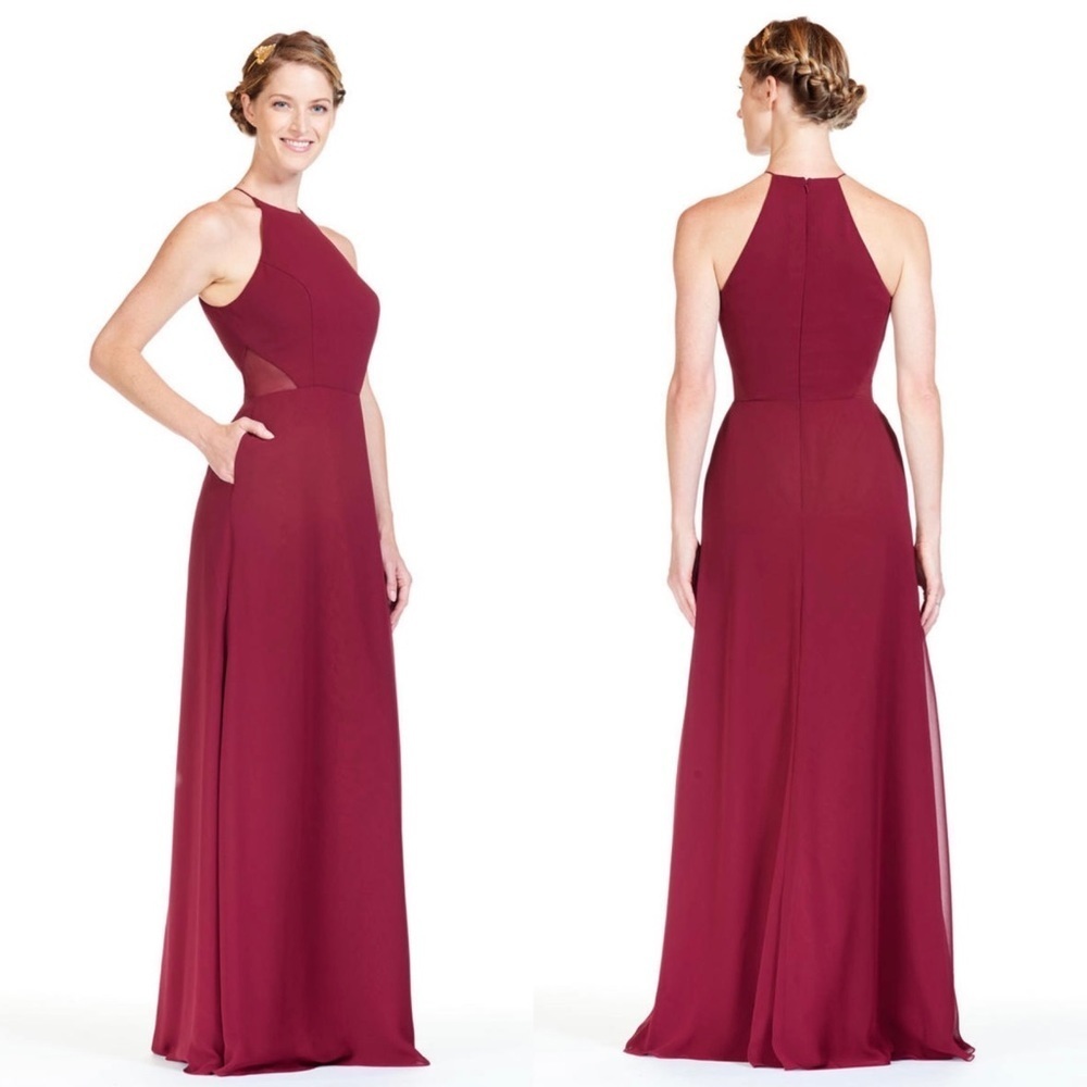Bari Jay Formal Bridesmaid Dress Wine Burgundy Pockets High Neck 14 Maxi 1808